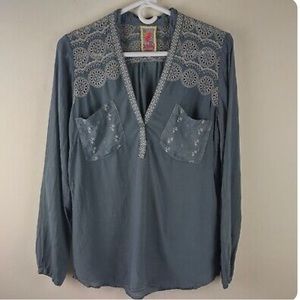 Johnny Was size Small gray Cupra Rayon blouse  eyelet front pockets long sleeves
